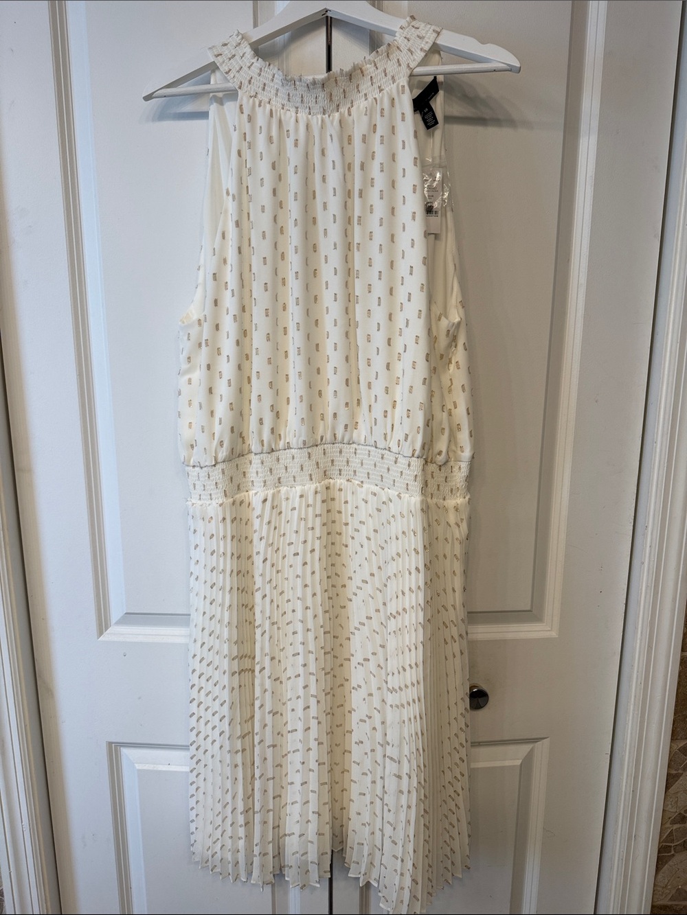 White House Black Market Ivory Halter Midi Dress with Gold Dot Accents
